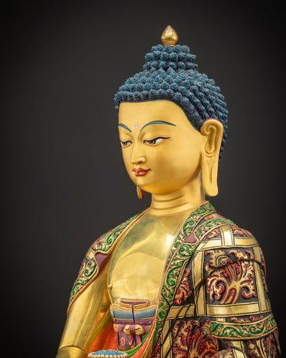 Detailed side close-up of Amitabha Buddha Sculpture displaying intricate 3D detailing and vibrant monastic robe