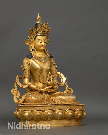 Detailed side close-up of Amitayus Buddha, lotus throne, 24K gold-gilded statue
