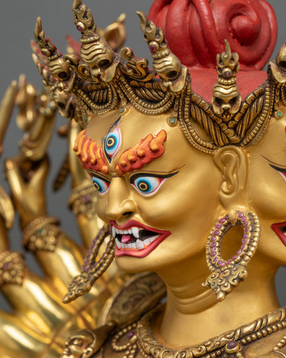 Detailed side close-up of Kalachakra Statue, lotus seat and blazing halo