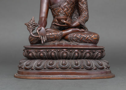 Detailed side close-up of lotus seat Medicine Buddha, handcrafted for meditation