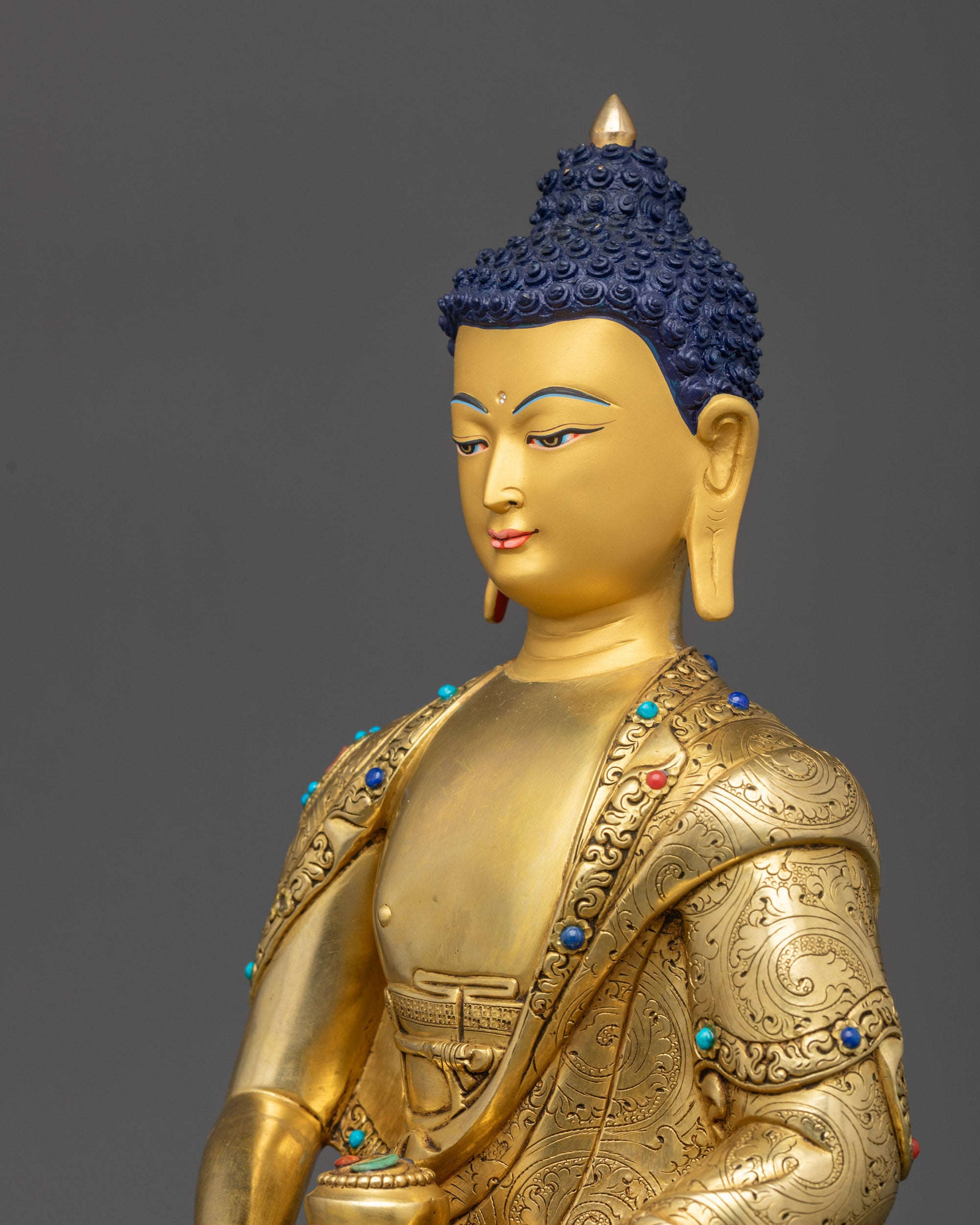 Detailed side close up Amitabha Buddha meditation pose with flowing robe details