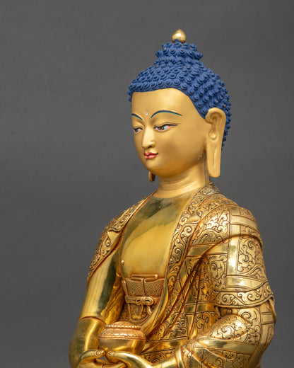 Detailed side close up Amitabha Buddha statue showing intricate monk robe patterns and refined craftsmanship