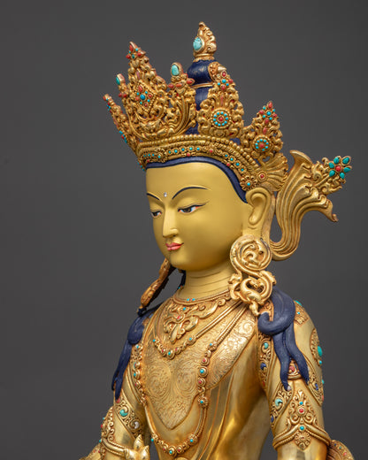 Detailed side close up Amitayus Buddha highlighting intricate filigree carvings on robes
