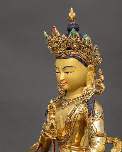 Detailed side close up Dorje Sempa sculpture lotus seat, flowing robes and semi-precious stones