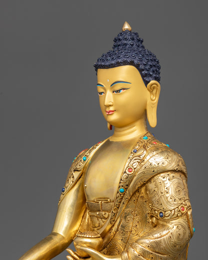 Detailed side close up Shakyamuni Buddha highlighting folds of robe and lotus throne