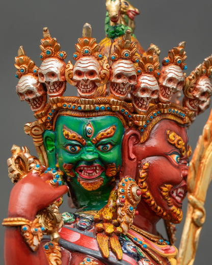 Detailed side close up: Side view close-up of Hayagriva statue, handcrafted copper detailing