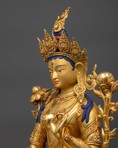 Detailed side close up White Tara Statue highlighting utpala flower and robe details

