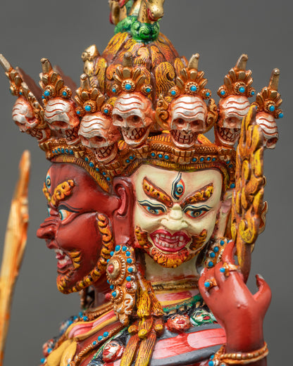 Detailed side close up face: Hayagriva statue face side close-up with gold fire-gilded features