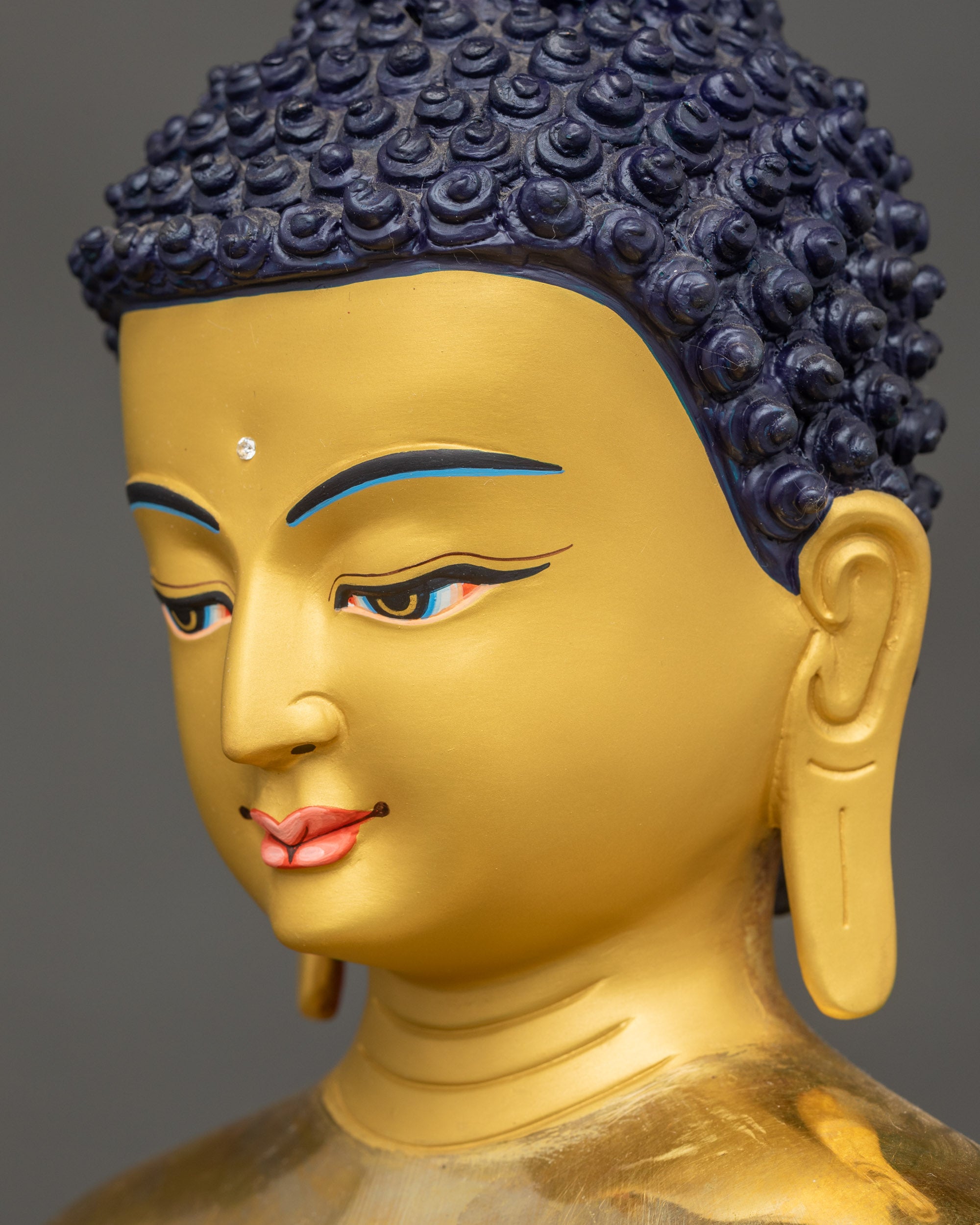 Detailed side close up face Samantabhadra Bodhisattva side view gold-gilded serene face