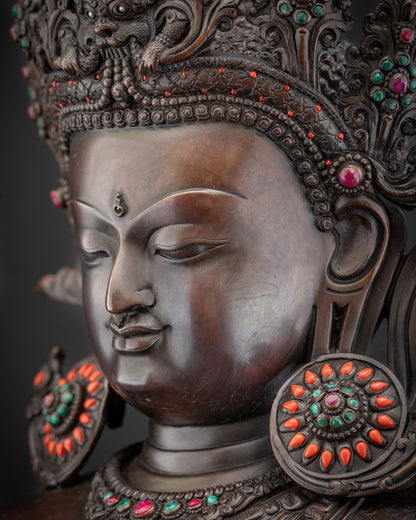 Detailed side close up face Shakyamuni Buddha statue for mindfulness meditation
