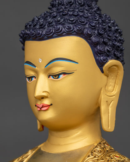 Detailed side close up face of Amitabha Buddha, gold-painted serene expression visible