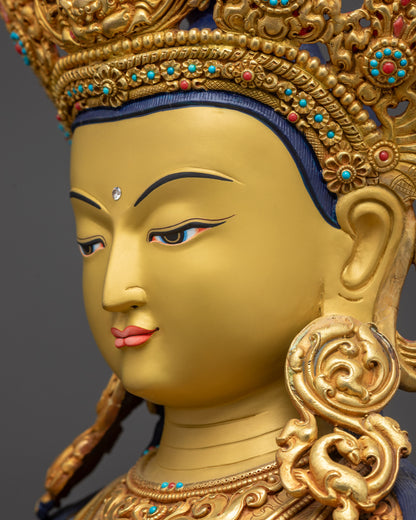 Detailed side close up face of Amitayus Buddha with ornate crown and tranquil features

