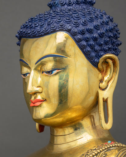 Detailed side close up face of Buddha Shakyamuni Statue showing peaceful expression and halo