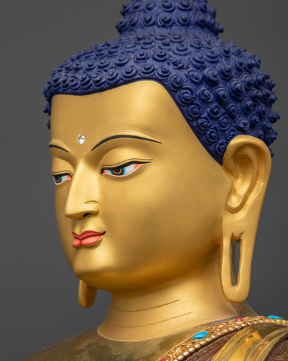 Detailed side close up face of Gautama Buddha highlighting facial features and carvings