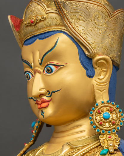 Detailed side close up face of Guru Padmasambhava statue showing tantric wisdom and calm