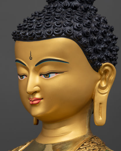 Detailed side close up face of Medicine Buddha highlighting compassionate expression
