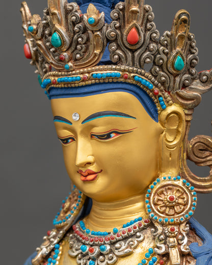 Detailed side close up face of Mitrugpa Buddha Statue with serene features and refined detailing