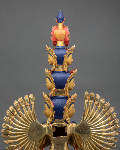 Detailed side close up face showing peaceful expression and wish-fulfilling jewel of Chenrezig
