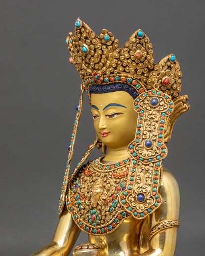 Detailed side close up highlighting semi-precious inlays and lotus pedestal carvings