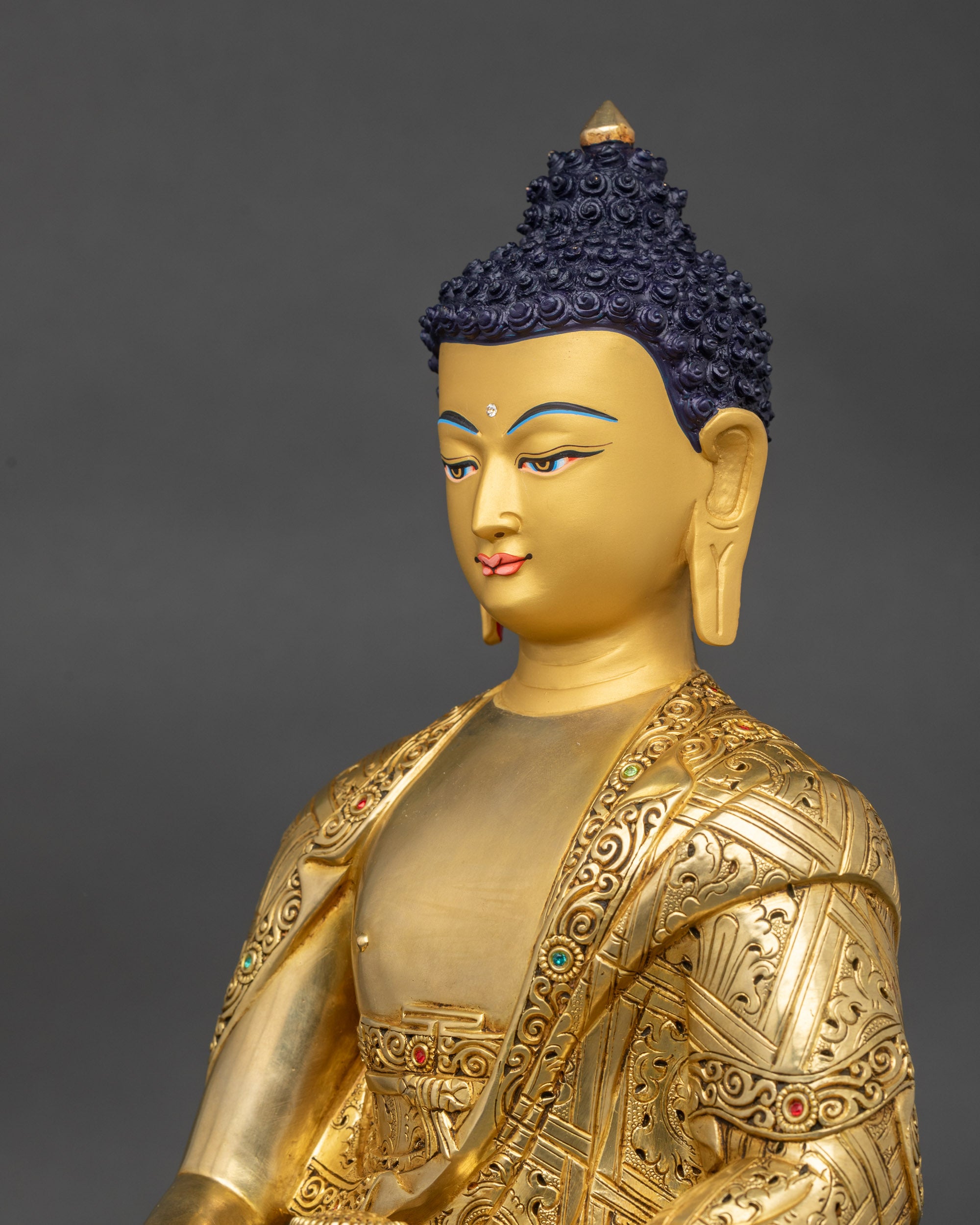 Detailed side close up of Amitabha Buddha highlighting lotus seat and alms bowl