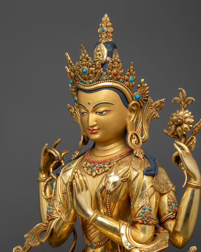 Detailed side close up of Chenrezig showing jeweled crown and lotus posture

