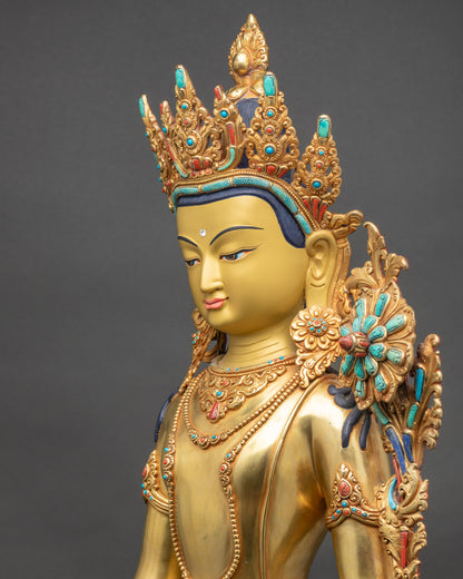 Detailed side close up of Lokeshvara statue holding Utpala flower on lotus seat