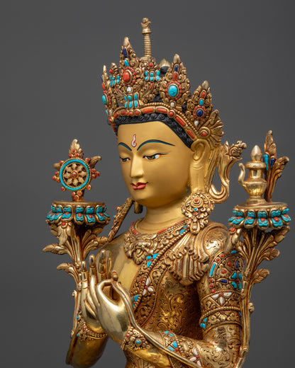 Detailed side close up of Maitreya Buddha showing dharmachakra mudra and floral motifs