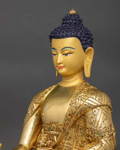 Detailed side close up of Medicine Buddha holding healing nectar bowl and Myrobalan plant