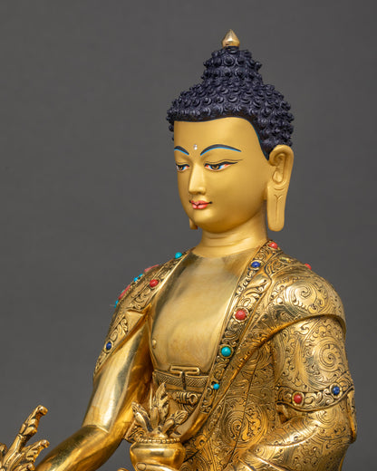 Detailed side close up of Medicine Buddha statue highlighting gold-gilded robes and hands