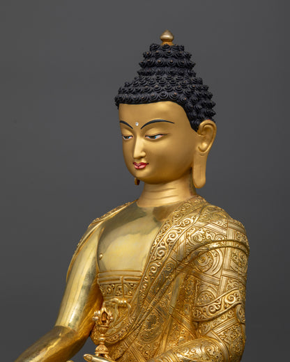Detailed side close up of Mitrugpa Buddha statue showing intricately carved monk’s robe

