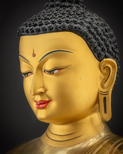 Detailed side close up of Shakyamuni Buddha face gold gilded Buddhist figure