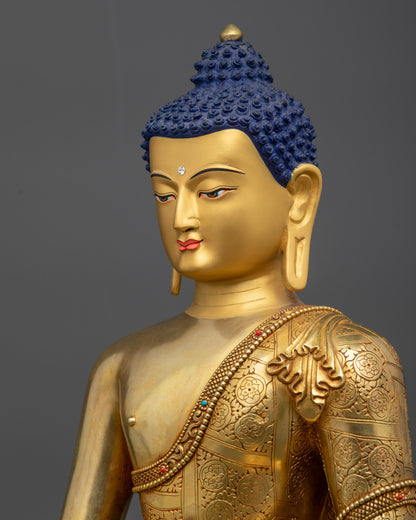 Detailed side close up of Shakyamuni Buddha showing moon disc and lotus seat
