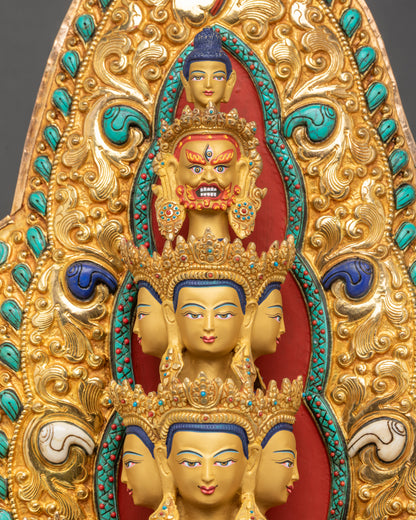 Detailed side close up of Thousand-Arm Chenrezig highlighting carved arms and halo details
