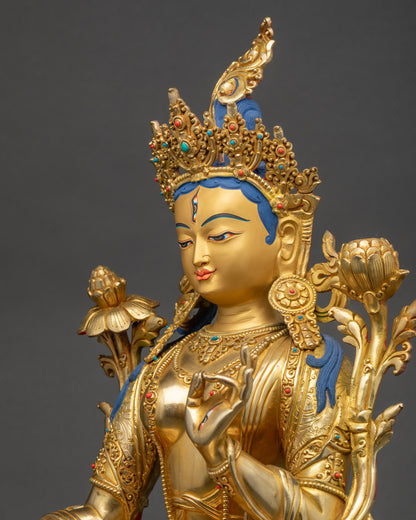 Detailed side close up of White Tara statue highlighting robe carvings and semi-precious stone details
