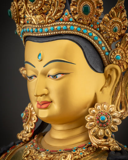 Detailed side close up of face with five-jeweled crown and peaceful expression
