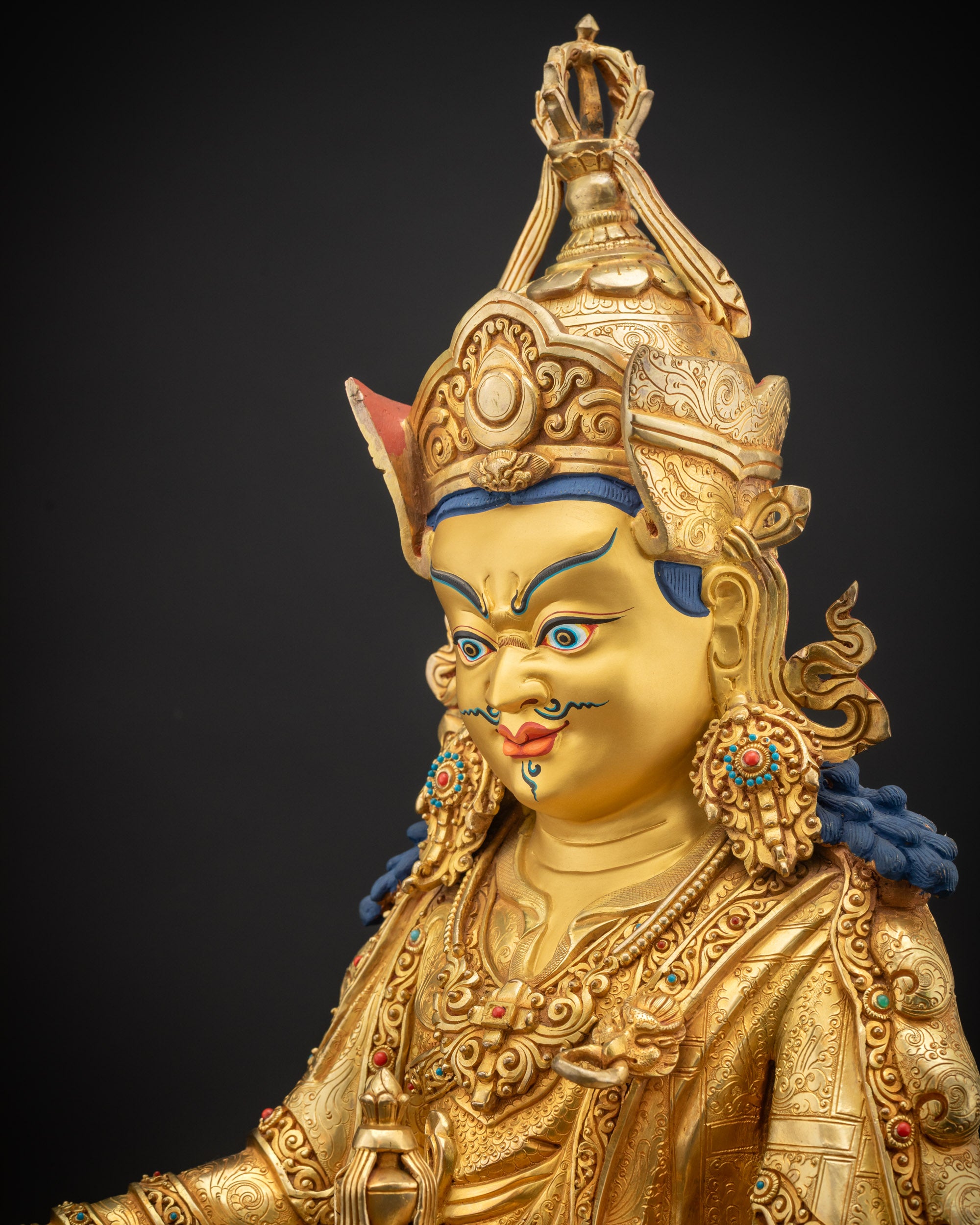 Detailed side close up showing lotus hat and earrings