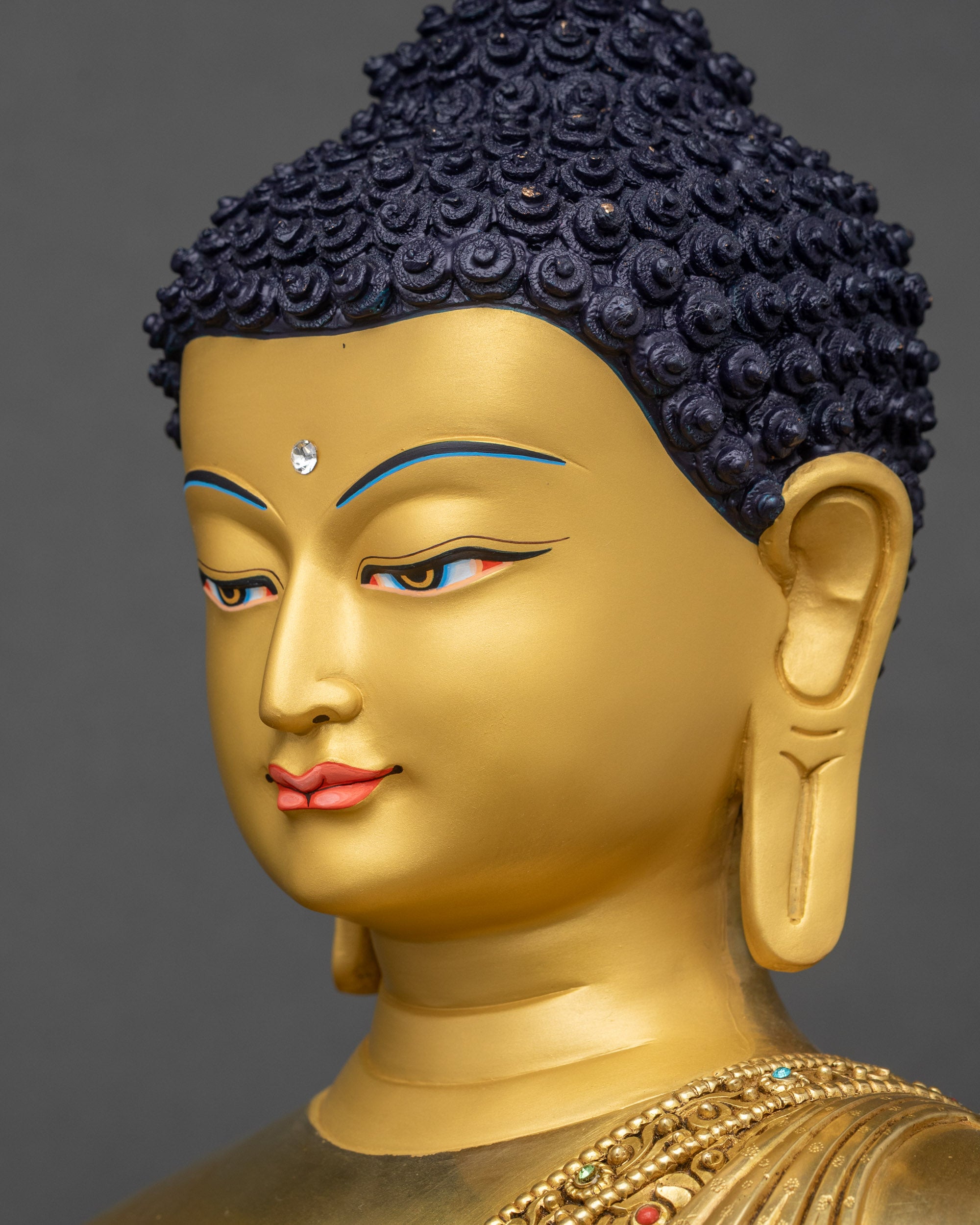 Detailed side face close up of Amitabha Buddha with peaceful expression