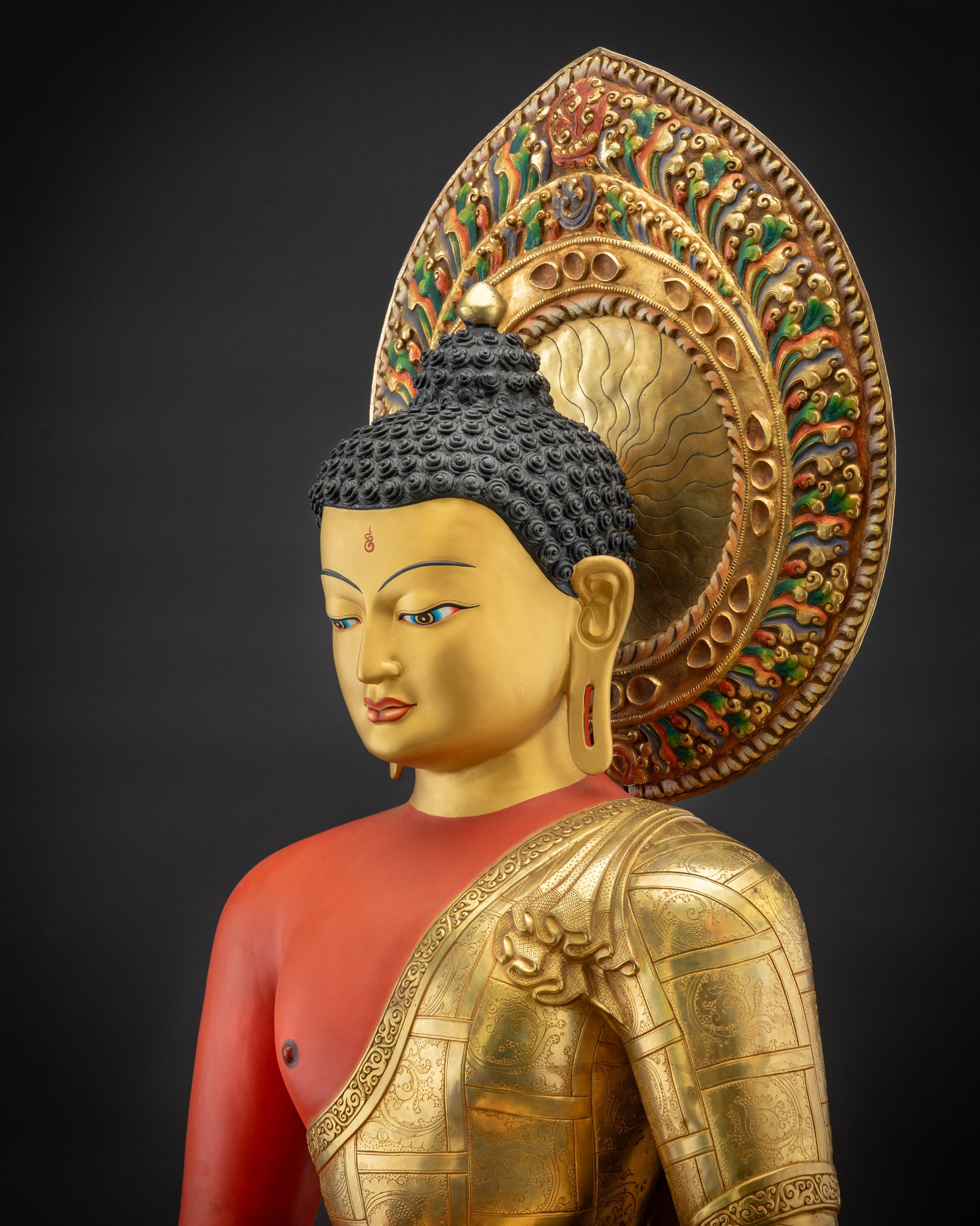 Detailed side view Amitabha Buddha Statue showing folds of Fire Gold-Gilded robe
