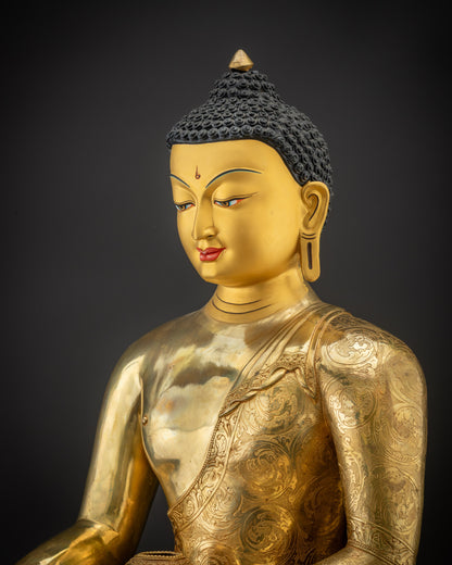 Detailed side view Buddha Shakyamuni statue from Nepal with carved robe and lotus seat