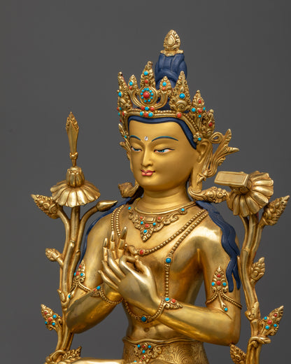 Detailed side view Manjushri Statue showing floral garment and lotus meditation seat
