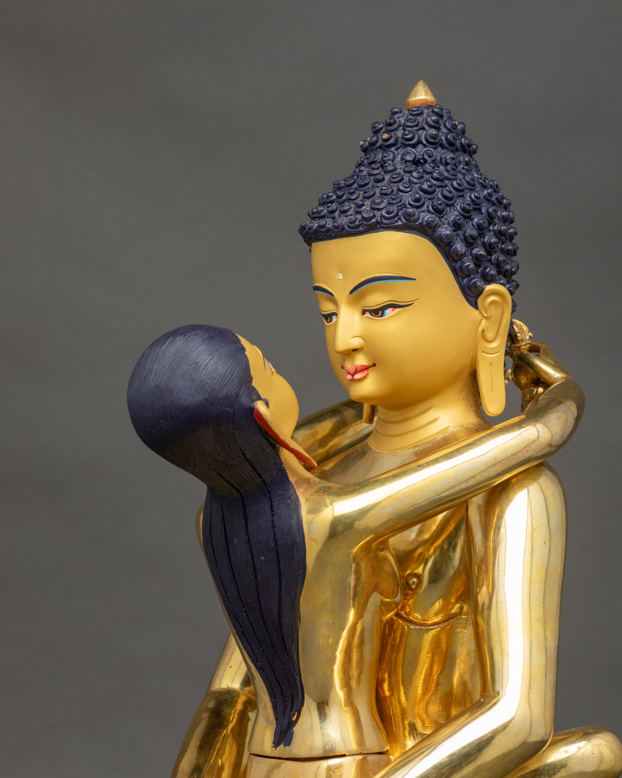 Detailed side view Samantabhadra Yab Yum Adibuddha sculpture copper gold-gilded lotus pedestal