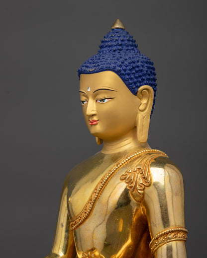 Detailed side view Shakyamuni Buddha Statue showing patra bowl and earth-touching mudra