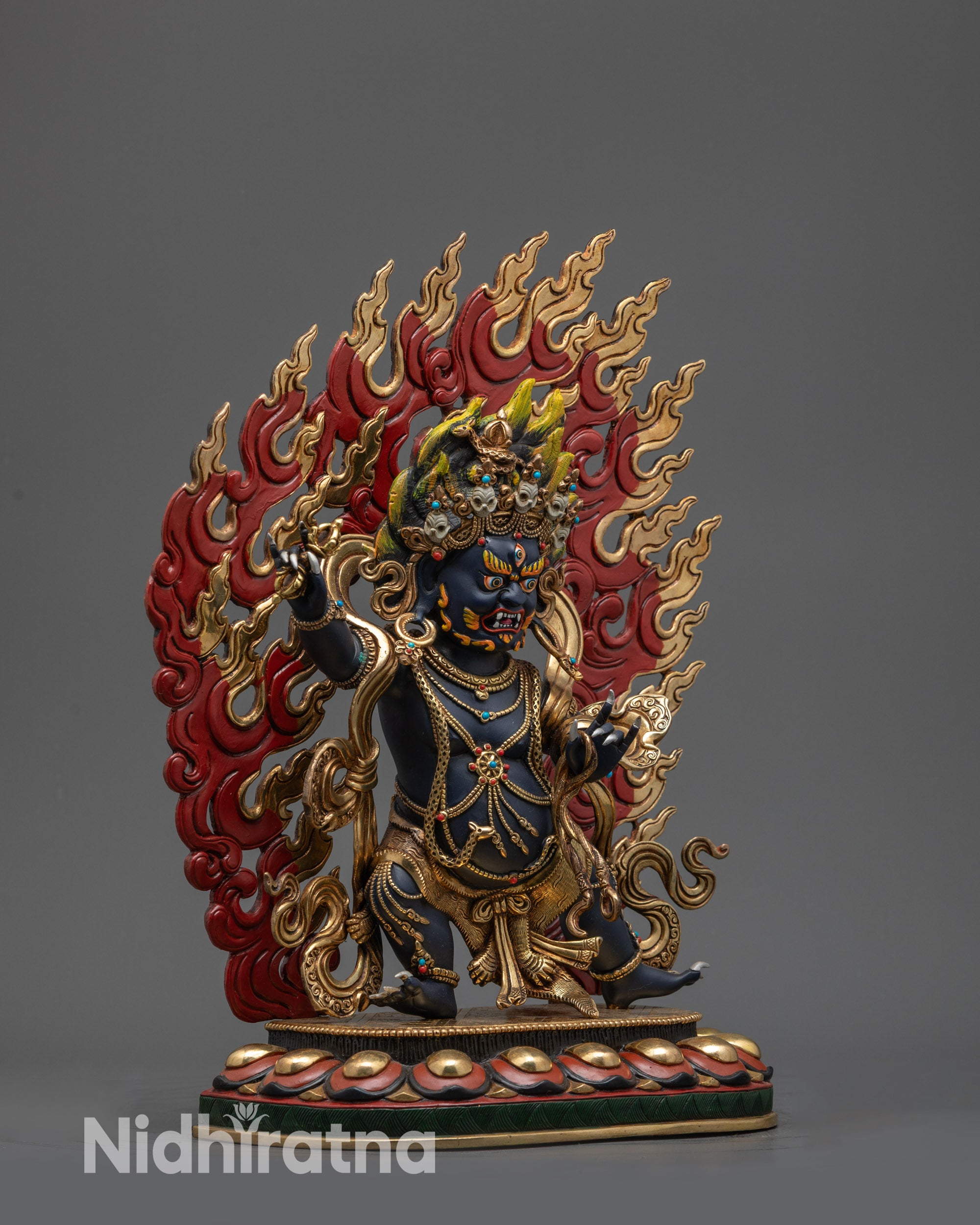 Detailed side view Vajrapani statue in dancing posture for sacred meditation
