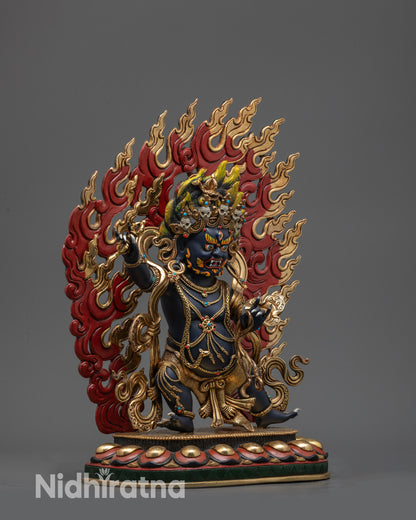 Detailed side view Vajrapani statue in dancing posture for sacred meditation
