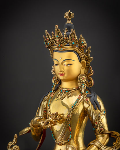 Detailed side view Vajrasattva statue highlighting robe patterns and filigree work