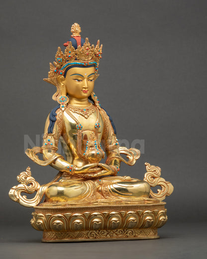 Detailed side view of Amitayus holding Long-Life Vase, handcrafted Nepalese copper statue