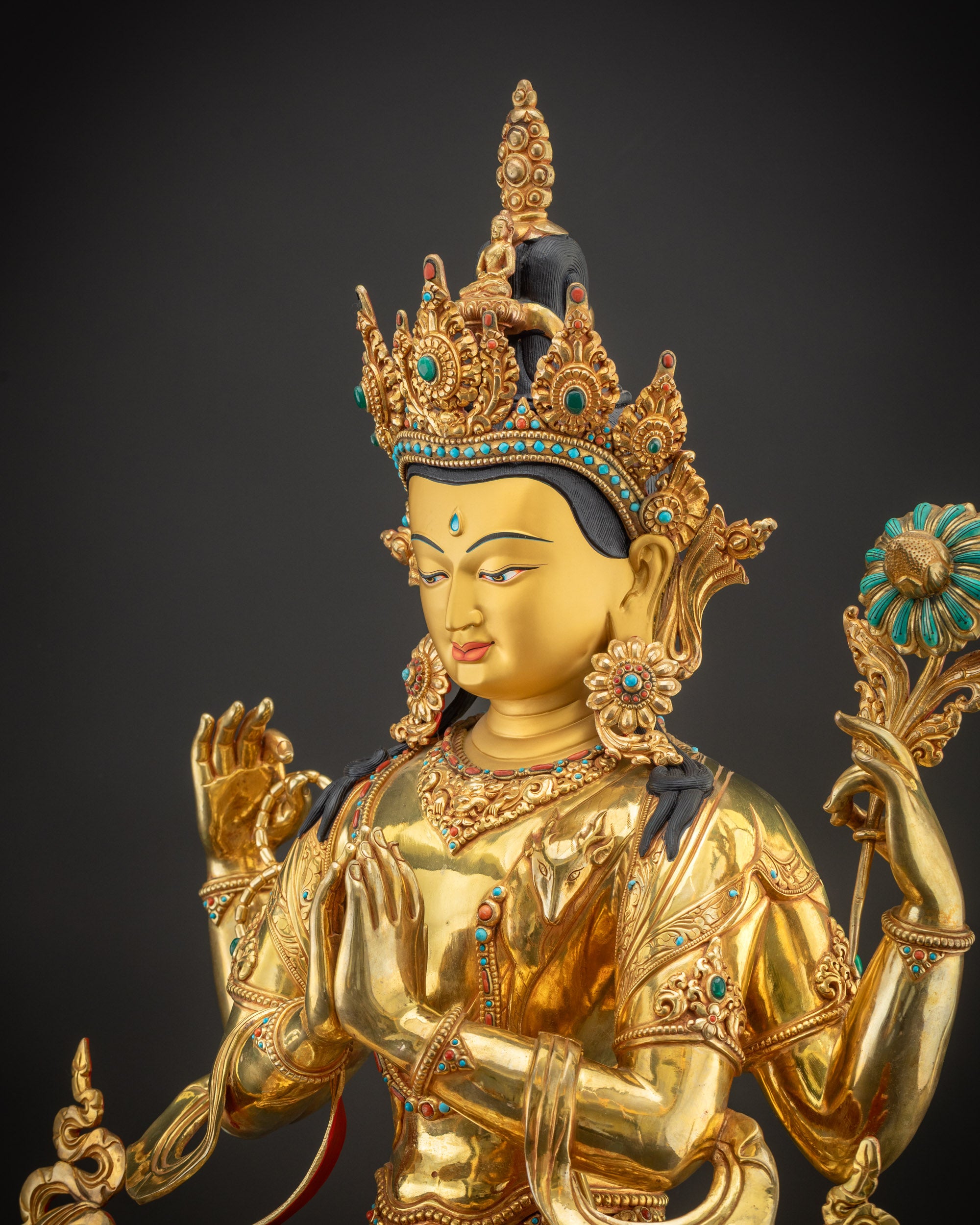 Detailed side view of Chenrezig Statue showing flowing robes and arm positioning
