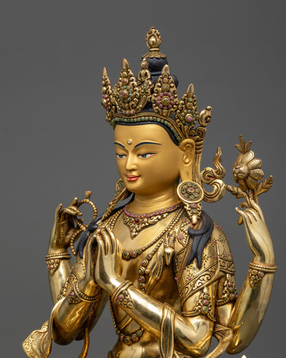 Detailed side view of Chenrezig statue showing intricate lotus throne and gold-gilded robe
