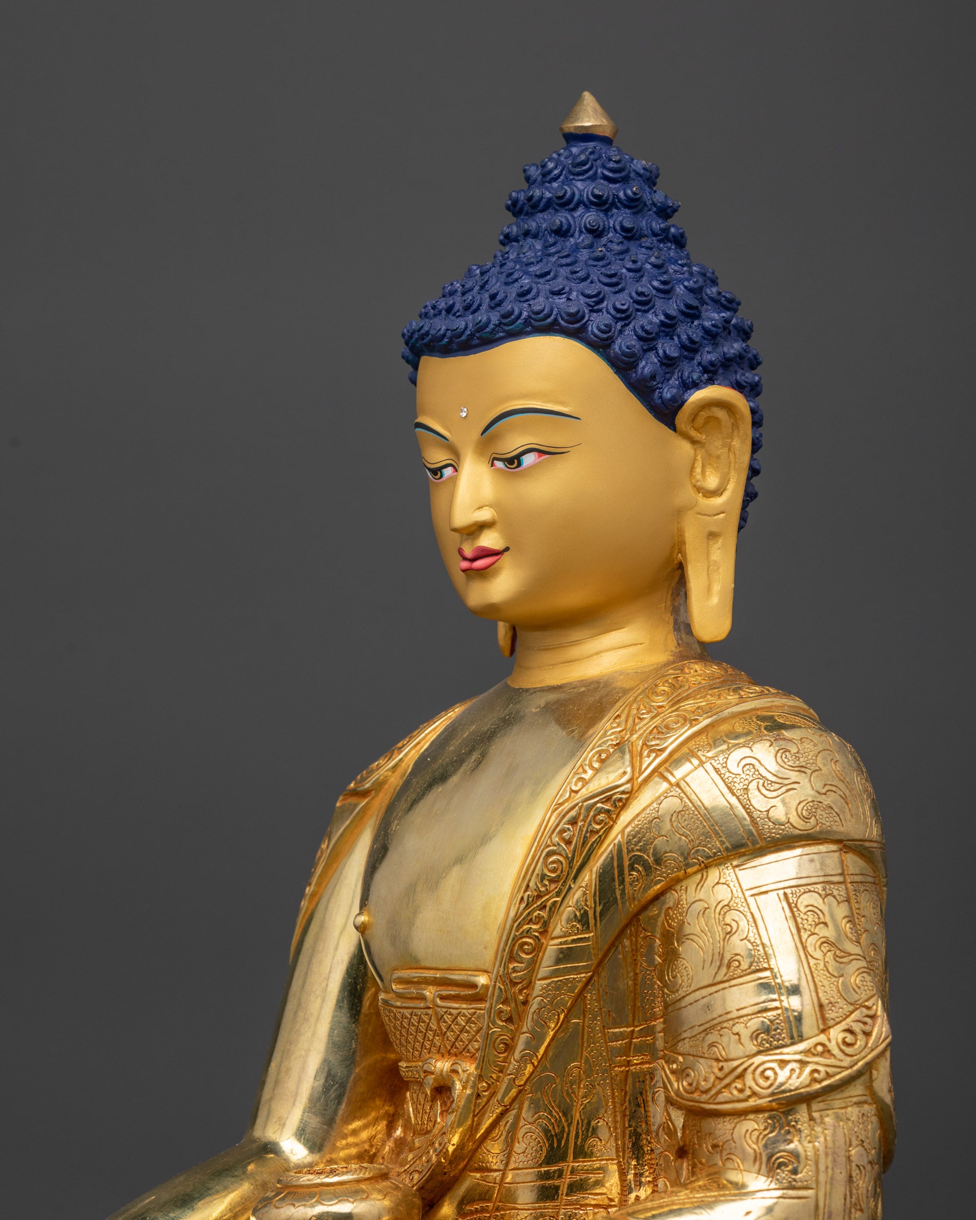 Detailed side view of Seated Shakyamuni Buddha with lotus seat and patra bowl
