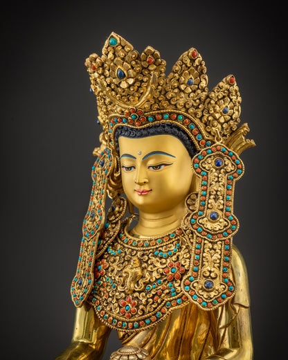 Detailed side view of sacred Jowo Rinpoche Buddha showing crown and robe
